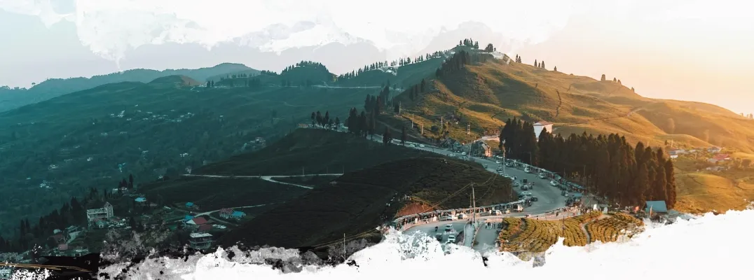 Tea estate and wooden house in Darjeeling hills